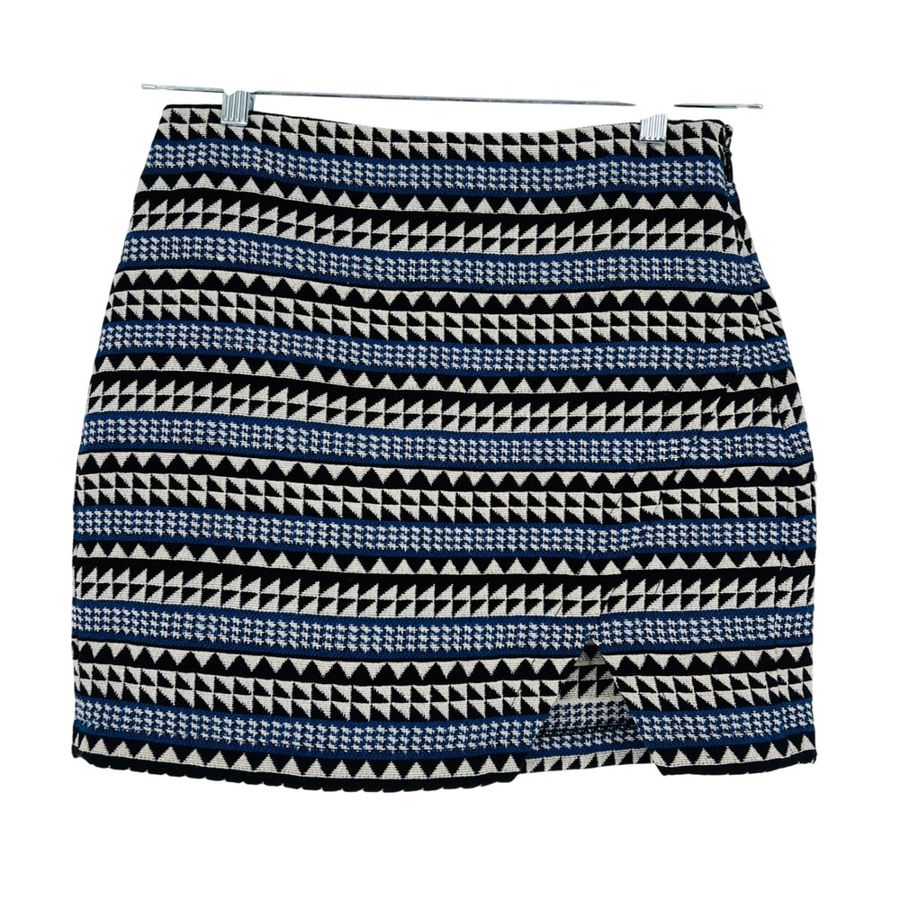 BCBGeneration Mini Skirt Womens 6 Blue Geometric Tribal Jacquard Knit Boho Chic